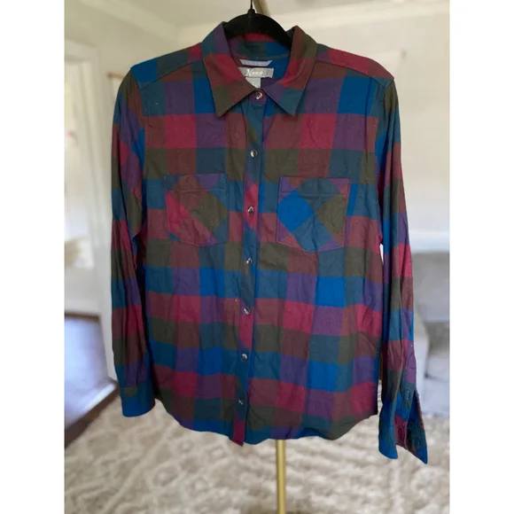 Natural Reflections Plaid Cotton Button-Up Shirt Burgundy Blue Olive Autumn Boho - Picture 2 of 8